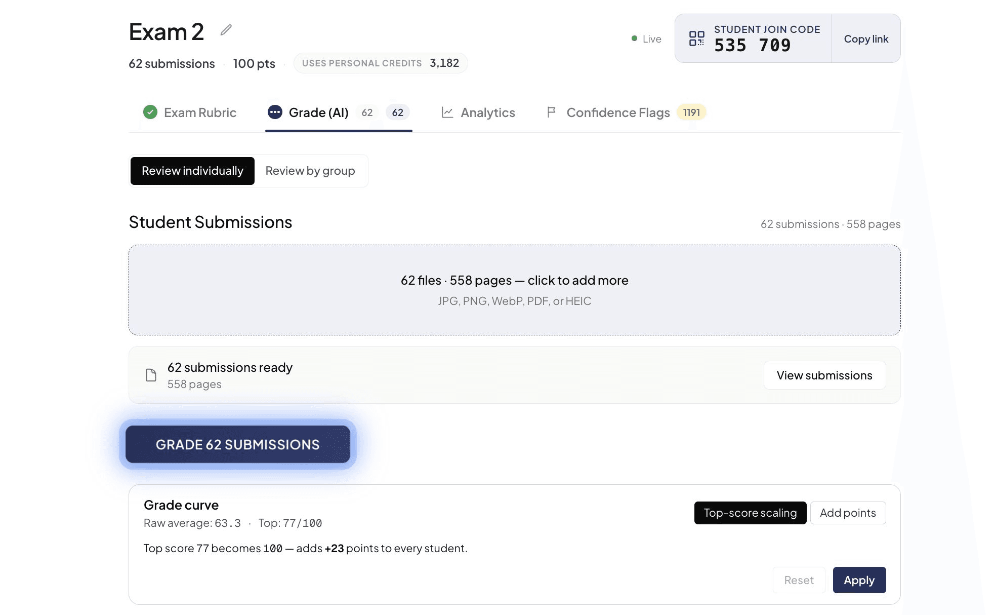 The Grade 62 submissions button above the grade-curve card