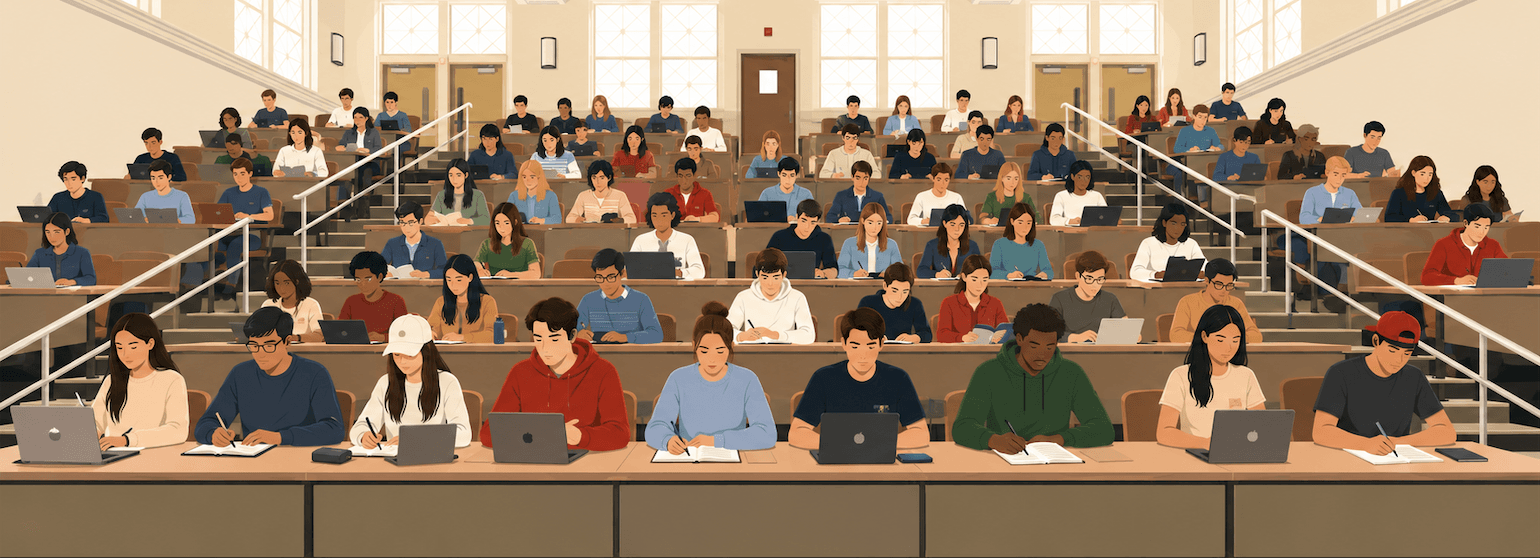 A packed lecture hall of students taking an exam