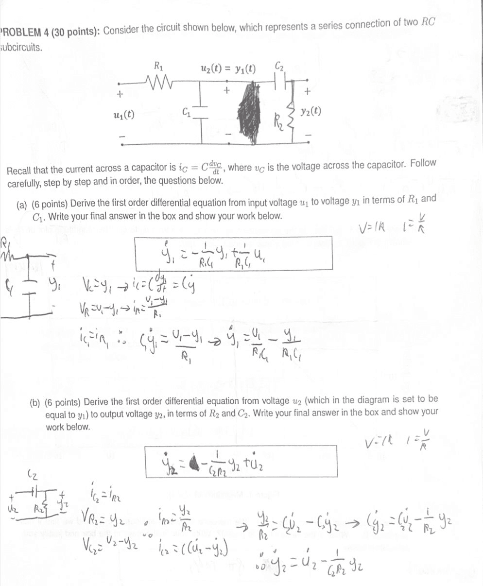 A real exam page: an RC-circuit problem with handwritten derivations