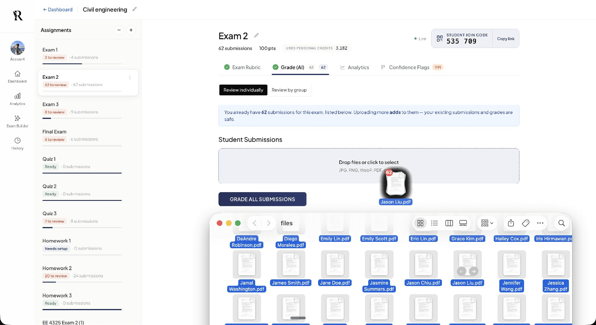 The Exam 2 upload view: a drop zone with student submissions filing in