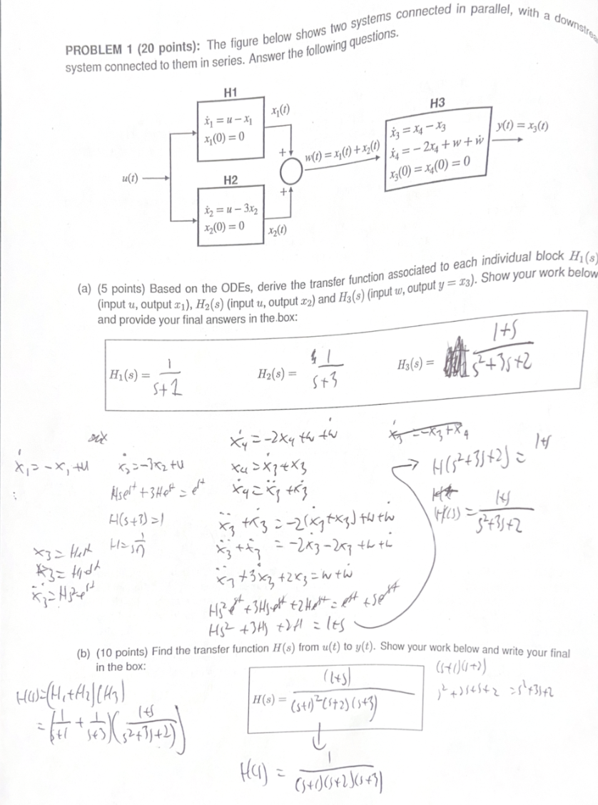 Handwritten engineering exam — transfer function problem